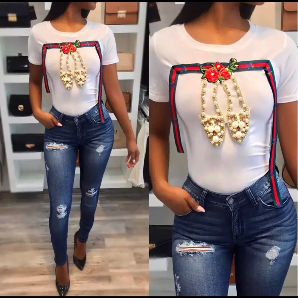 Stripped Tape and Pearls Luxury T-shirt 💎